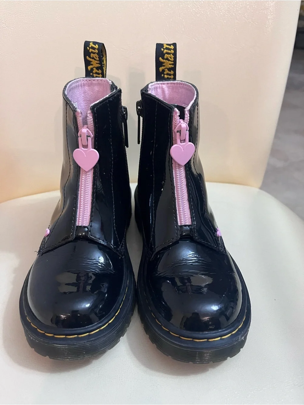 Kids Dr. Martens Black Patent Heart Accent Boots with Pink Lining